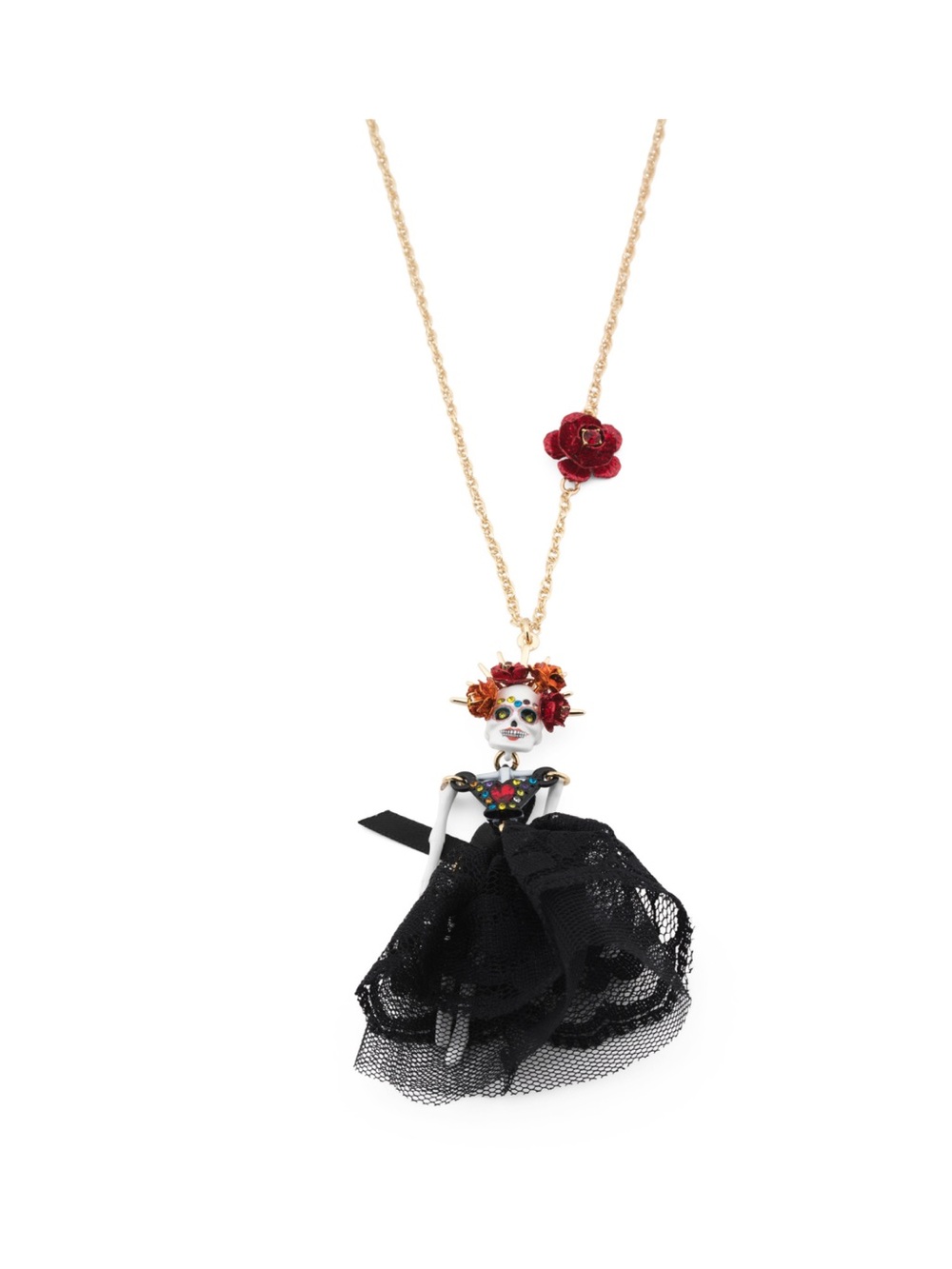 Betsey Johnson Gold Chain Necklace with Red Rose and Doll Pendant